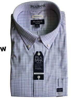 19 36/37 White Blue Plaid Check Shirt Jos A Bank Traveler Traditional Non Iron